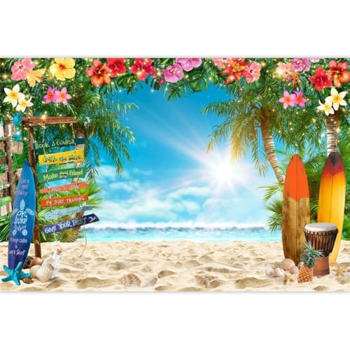Summer Beach Backdrop Hawaiian Colorful Flowers Surfboard Party Decorations Background Ocean Island Tropical Palm Leaves Luau Backdrop Cake Table Banner Studio Props Vinyl 8x6ft - color: Blue Green, size: 8x6ft