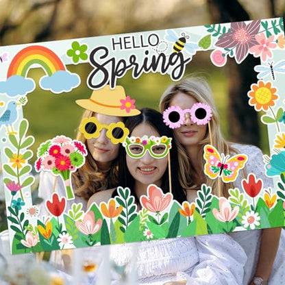 Hello Spring Party Photo Booth Props Kit- 25 Pcs Spring Photo Booth Props with 1 Paper Photo Frame for Spring Summer Easter Flower Themed Birthday Party Decorations