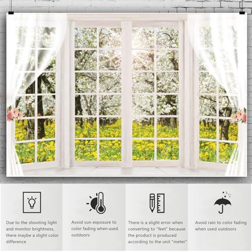 YongFoto 5x3ft Spring Window Scenery Backdrop Yellow Wild Flowers Garden Spring Blossom Lush Trees Nature Landscape Photo Background Girl Woman Birthday Party Kids Adults Portrait Photo Studio Prop - color: White 1, size: 5x3ft