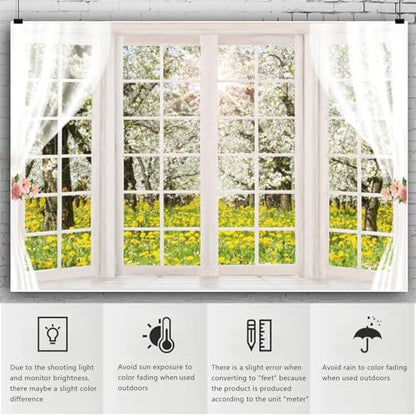 YongFoto 5x3ft Spring Window Scenery Backdrop Yellow Wild Flowers Garden Spring Blossom Lush Trees Nature Landscape Photo Background Girl Woman Birthday Party Kids Adults Portrait Photo Studio Prop - color: White 1, size: 5x3ft