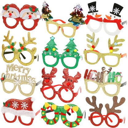 Christmas Glasses for Holiday Party 12Pcs: Fun Decorative Festive Eyeglasses Frames for DIY Photo Booth, Christmas Stocking Stuffers Party Favors for Adults Women Men