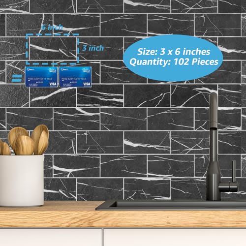 Art3d 102-Piece Faux Stone Peel and Stick Backsplash Tile, Waterproof Thick PVC Stick On Subway Wall Tile for Kitchen Bathroom Laundry Room Fireplace - 3" x 6" Black Marble - color: Black Marble