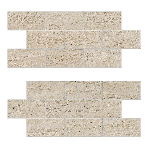 20-Sheet Greek Beige Sandstone Peel and Stick Backsplash - 13.5" x 5.8" Thickened 3D Subway Tile - 1.4X Coverage Area Grout-Free Wall Tiles for Kitchen & Bathroom (9.2 Sq.Ft) - color: Beige Sandstone Texture