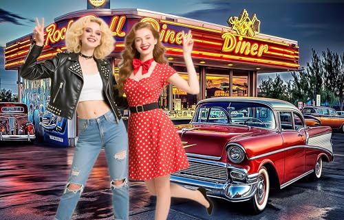 7X5ft Vintage 50's Rock Roll Diner Backdrop 1950s Retro Car Nostalgia Background for Photography Car Theme Party Portrait Photo Booth Studio Props - color: Multi1, size: 7x5ft