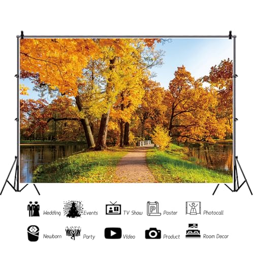 5x4ft Fall Backdrop Autumn Scenery Photography Tree and Yellow Fall Leaves Pond Natural Landscape Background Decorations Portraits Supplies Photo Studio Props - color: Green, size: 5x4ft