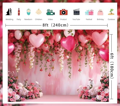 Flowers Wall Backdrop Pink Flowers Love Heart Balloons Romantic Photography Background Wedding Anniversary Birthday Valentines Party Decorations Banner Supplies (8x6FT) - size: 8x6FT