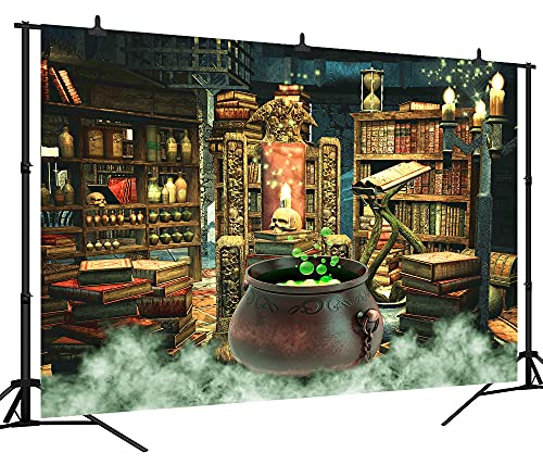 Halloween Photography Backdrop Witch Magic Cauldron Bookshelf in Spooky Room Party Decoration Portrait Background Vinyl Photo Studio Booth Props PGT646A 7x5ft - size: 7'X5'