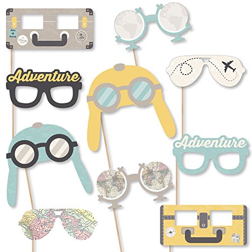 Big Dot of Happiness World Awaits Glasses & Masks - Paper Card Stock Travel Themed Party Photo Booth Props Kit - 10 Count