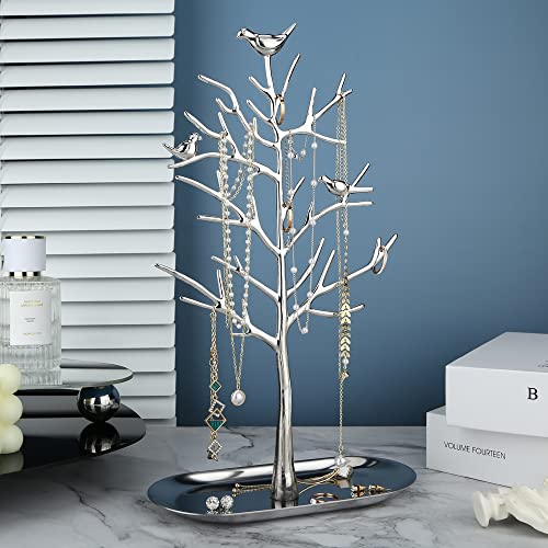 MORE&LESS Branch Jewelry Rack with metal tray,Luxury color,Tree Tower Rack Hanging Organizer for Ring Earrings Necklace Bracelet,Suitable for living rooms, bathrooms,offices,etc. - color: A Silver-Metal Tray