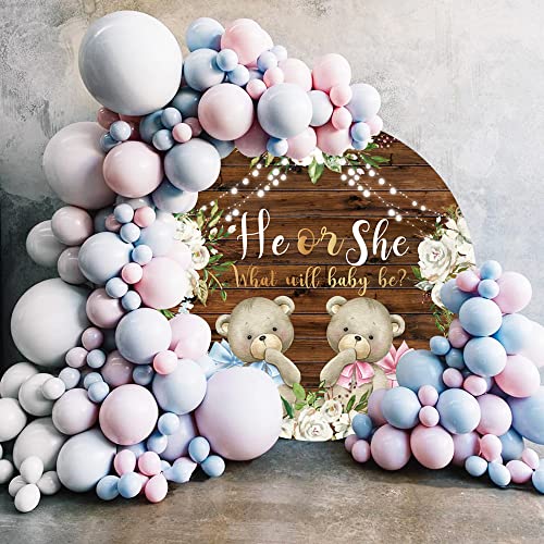 Yeele 7x7ft Bear Gender Reveal Round Backdrop He or She What Will Baby Be White Floral Rustic Wooden Photography Background for Pregnancy Reveal Baby Shower Party Decoration Banner Photo Props