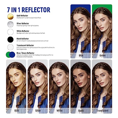 NEEWER 43"/110cm Photography Reflector, 7 in 1 Light Reflector Diffuser - Chroma Key Blue/Green Screen, Translucent/Silver/Gold/White/Black, RF-110A