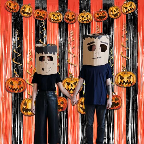 Black Orange Streamers Party Backdrop - GREATRIL Tinsel Fringe Curtain for Halloween Decorations/Pumpkin/Birthdays Party Decoration - 3.2ft X 8.2ft - 2 Packs - color: Black Orange