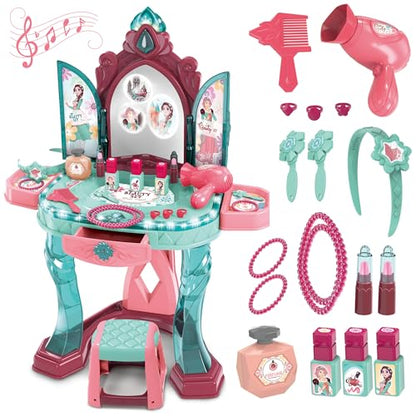 Toddler Vanity Table for Girls — Princess Makeup Playset with Light & Sound Mirror, Magic Sensor, Stool & Accessories, Pretend Beauty Toy for Ages 3+