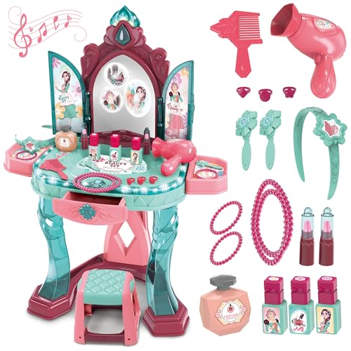 Toddler Vanity Table for Girls — Princess Makeup Playset with Light & Sound Mirror, Magic Sensor, Stool & Accessories, Pretend Beauty Toy for Ages 3+