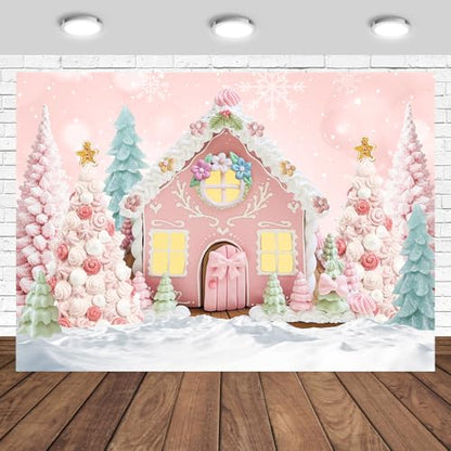 Christmas Pink White Cartoon Gingerbread House Backdrop 7x5ft Pink Winter Snowflake Merry Xmas Tree Photography Background Gingerbread Man Santa Party Decorations Banner Photo Studio Props