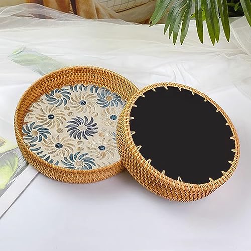 Round Rattan Serving Tray 12 Inch Rattan Tray with Mother of Pearl Inlay Decorative Eating Tray Coffee Table Tray Woven Wicker Tray for Storage Display Bread Fruit Boho Home Decor - color: Hot Wheel