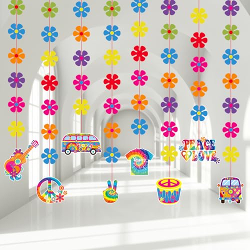Duraaamo 8 Pcs 60's Hippie Paper Garland Kit Decoration Groovy Retro Flower Ceiling Hanging Banner Tie Dye Hanging Cutouts Groovy Hippie Party Supplies for 60s 70s Birthday Baby Shower Party Decor - color: Retro Color, size: Hippie
