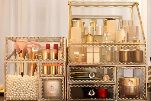 Large Glass Makeup Organizer Drawer Set Beauty Storage Bathroom Counter Organizer Cosmetic Display with Pearl (16in)