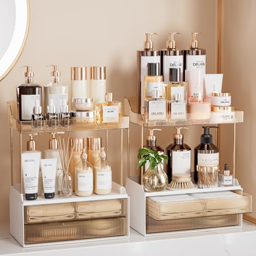 Delamu Bathroom Organizers and Storage, 2 Tier 2 Drawer Makeup Organizer Countertop, Easy to Install, Ideal for Bathroom Counter, Vanity, Ideal for Women Girls, Amber 2Pack - color: Amber, size: 2Drawers 2 Pack