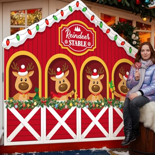 Panelee 8 x 6.5ft Christmas Reindeer Backdrop Decoration Reindeer Stable Backdrop Banner Xmas Elk Photo Background for Home Winter Holiday Party Decor Indoor Outdoor Photo Props Supply - style: Modern