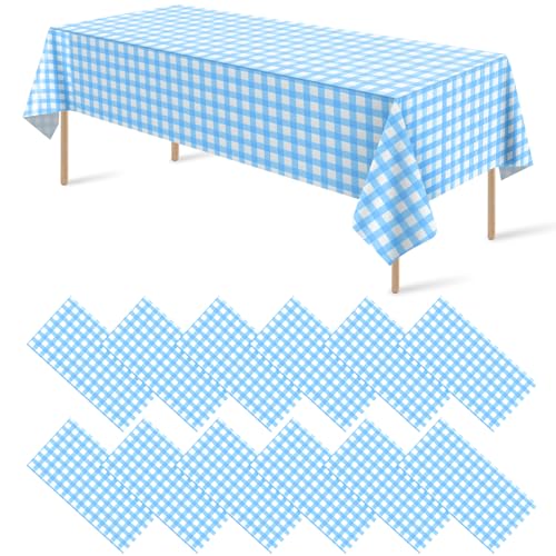 12Pack Light Blue and White Plastic Checkered Tablecloth, Premium Decorative Disposable Light Blue Gingham Plaid Tablecloth for Party, Rectangle Party Table Cover for Picnic Farm Birthday, 54x108 Inch - color: Light Blue Checkered, size: 54"x108"-12 Pack