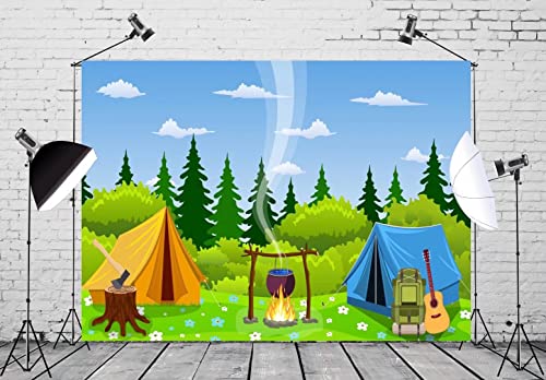 BELECO Camping Backdrop 10x8ft Fabric Cartoon Forest Scene Campfire Party Camping Tent Little Lumberjack Birthday Backdrop Jungle Safari Baby Shower Kids Boy Outdoor Adventure Portrait Photo Props - size: 10x8ft