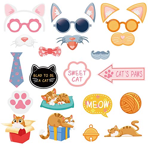 25Pcs Cat Photo Booth Props with Stick, Kitty Theme Selfie Props, Meow Birthday Party Supplies, Photography Backdrop Decorations