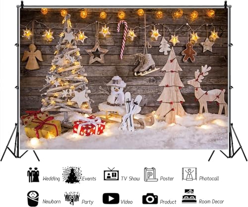 Renaiss 7x5ft Christmas Theme Backdrop Christmas Trees Snowman Deer Gift Box Snow Hanging Ornament Lights Photo Background Wooden Wall Photography Winter Xmas New Year Festival Family Party Banner - color: WSNZY08321, size: 7x5ft