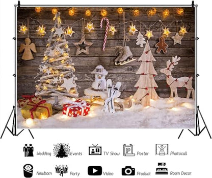 Renaiss 7x5ft Christmas Theme Backdrop Christmas Trees Snowman Deer Gift Box Snow Hanging Ornament Lights Photo Background Wooden Wall Photography Winter Xmas New Year Festival Family Party Banner - color: WSNZY08321, size: 7x5ft