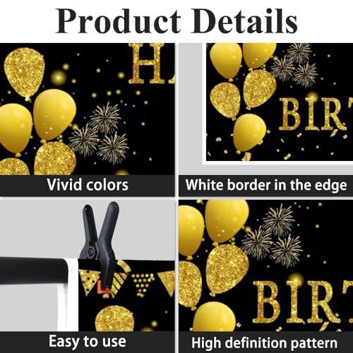 5x3ft Happy 2nd Birthday Party Photography Backdrop, Glitter Black and Gold Balloons Background for Girl Boy Second Bday Shining Diamond Two Years Old Birthday Party Supplies - color: 2nd, size: 5x3ft