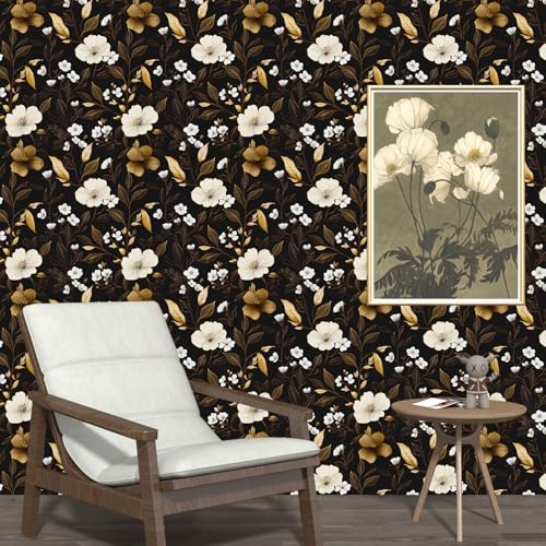 Fvlow Vintage Dark Gold Floral Peel and Stick Wallpaper Waterproof Contact Paper, Self Adhesive Vinyl for Living Room Bedroom Bathroom, Removable Wall Covering Furniture Decor, 17.4" x 394" Boho Black - color: Black/White, size: 17.4" x 394"