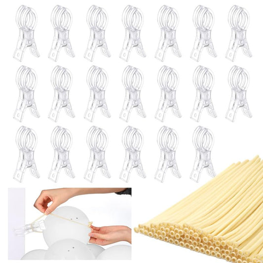 20 Pack Clips for Balloon Arch & 100 Pcs Long Skinny Balloons - Clear Heavy-Duty Clamps for Backdrop and Balloon Decoration Kit, Balloon Clips for Balloon Arch Birthday Party Crafts Photography Studio - color: 20 Transparent Clips + 100 Transparent Balloo