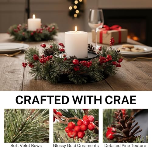 MOYEE Candle Holder Centerpieces for Tables,Candle Ring,Wreaths, Black Metal Candle Stick Paired Artificial Flowers 14 in Versatile Dining Table Centrepiece - color: Pine Needle and Red Pine Cone Wreath