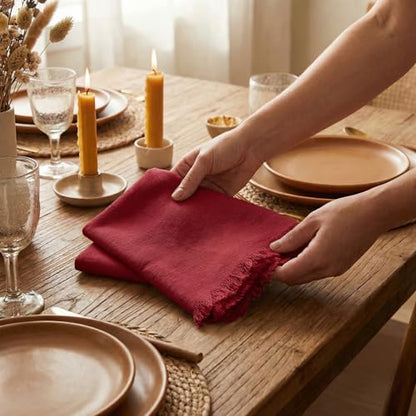 ACCENTHOME Red Cotton Linen Napkin Set of 12 18x18 inch Dinner Napkins - Washable Soft Premium Hotel Quality Reusable Hemmed Edges Napkins Perfect Table Linens for Family Dinners, Weddings - color: 06 - Red, size: 18"x18" - Pack of 12