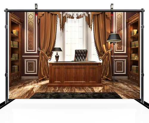 10x8ft Luxury Wood Home Office Backdrop Retro Classic Desk Chandelier Bookshelf Window Library Video Conference Background Business Conversation Room Video Recording Zoom Calls Photo Props - size: 10x8ft