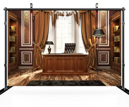 5x4ft Luxury Wood Home Office Backdrop Retro Classic Desk Chandelier Bookshelf Window Library Video Conference Background Business Conversation Room Video Recording Zoom Calls Photo Props - size: 5x4FT