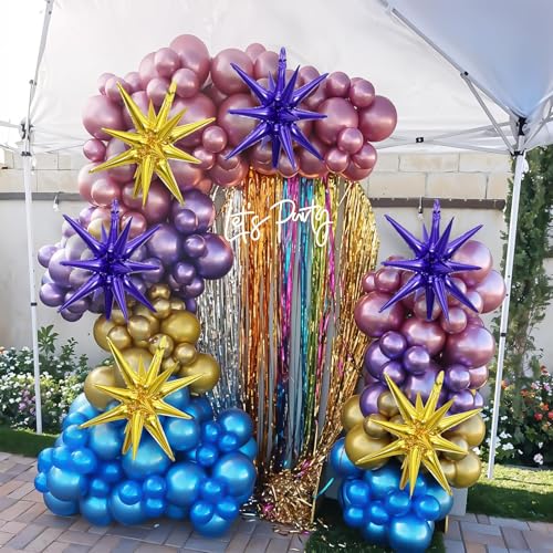 Purple Gold Star Balloons, 22 Inch Dark Purple Gold Foil Explosion Star Balloons, Large Spike Balloon star Cone Balloon, for Birthday Graduation Wedding Anniversary Party Backdrop Decorations - color: Purple Gold