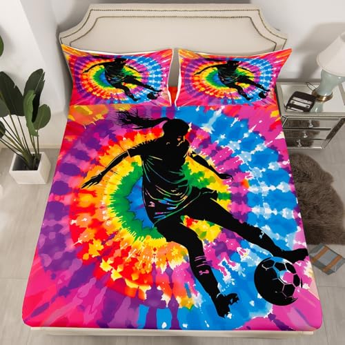 Manfei Soccer Fitted Sheet Queen Size, American Football Bedding Set, Watercolor Tie Dye Bed Cover with 2 Pillowcases, Kids Boys Girls Room Decor, Soft Polyester Bedding(No Top Sheet) - color: Black Blue Yellow, size: QUEEN (W60*L80*H16")