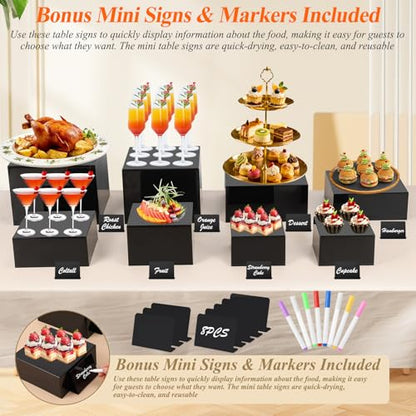 8Pcs Black Acrylic Buffet Risers with Mini Sign and Marker, Food Display Risers for Party Catering Dessert Jewelry, Acrylic Cube Nesting Boxes with Hollow Bottoms(9" 8.5" 8" 7.5" 6.8" 6" 5" 5") - size: 9" 8.5" 8" 7.5" 6.8" 6" 5" 5