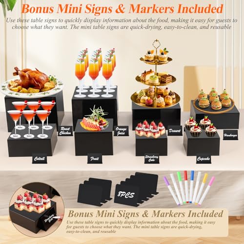 8Pcs Black Acrylic Buffet Risers with Mini Sign and Marker, Food Display Risers for Party Catering Dessert Jewelry, Acrylic Cube Nesting Boxes with Hollow Bottoms(9" 8.5" 8" 7.5" 6.8" 6" 5" 5") - size: 9" 8.5" 8" 7.5" 6.8" 6" 5" 5