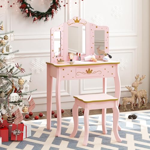 UTEX Kids Vanity Set with Mirror and Stool, Kids Make Up Vanity Desk with Mirrror for Little Girls, Children Makeup Dressing Table with Drawer, Pink - style: Pink-Crown