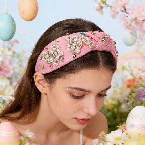 NVENF Easter Headband for Women Beaded Easter Rabbit Bunny Headbands White Pink Crystal Pearl Knotted Hairband Happy Spring Holiday Headwear Outfits Gifts (Rabbit B - Pink) - color: Rabbit B - Pink