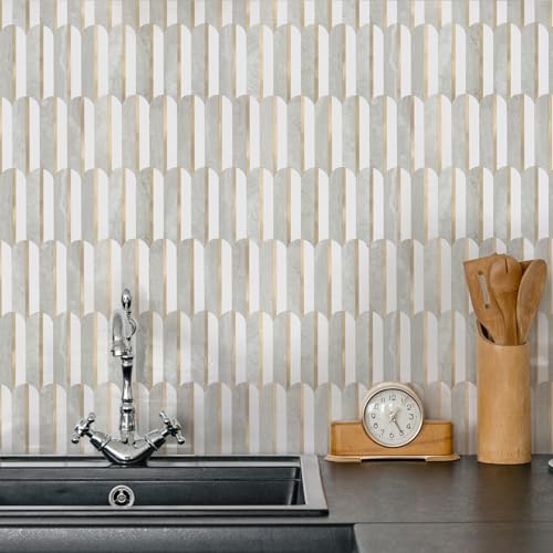 OYAISIMI 10 Sheets Seamless Peel and Stick Backsplash Tile for Kitchen,White and Gray Stone PVC Mixed Light Gold Self Adhesive Fish Scale Metal Mosaic Tiles - color: Gray Stone+Pure White+Light Gold