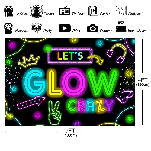 Neon Glow Party Decorations Supplies Backdrop 6x4ft Glow in The Dark Let’s Glow Banner Photography Background Birthday Sleppover Graffiti Splash Paint Black Light Kids Photo Booth - size: 6x4ft