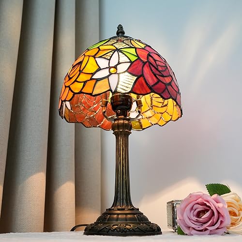 Tiffany Style Stained Glass Table lamp 8inch red Orange Rose Pattern Desk lamp Vintage Bedside Table lamp Used for Bedroom Living Room Dining Table Decoration - color: Tiffany Lamp L