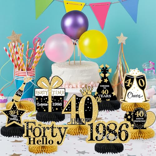 9 Pcs 40th Birthday Decorations Honeycomb Centerpieces for Women Men, Black Gold 1986 Aged to Perfection Vintage Centerpieces for Tables Toppers,Forty Years Party Decorations Supplies - color: Black Gold 40th