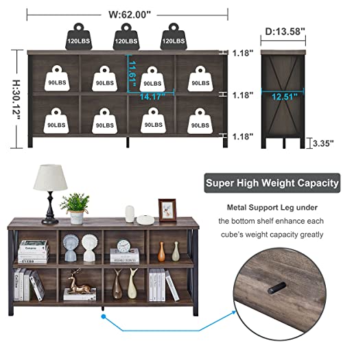 FATORRI 8 Cube Storage Organizer, 62 Inch Heavy Duty Horizontal Bookshelf, Industrial Long Bookcase and TV Stand for 65 Inch TV, Rustic Wood Accent Shelf for Living Room (Walnut Brown) - color: Walnut Brown