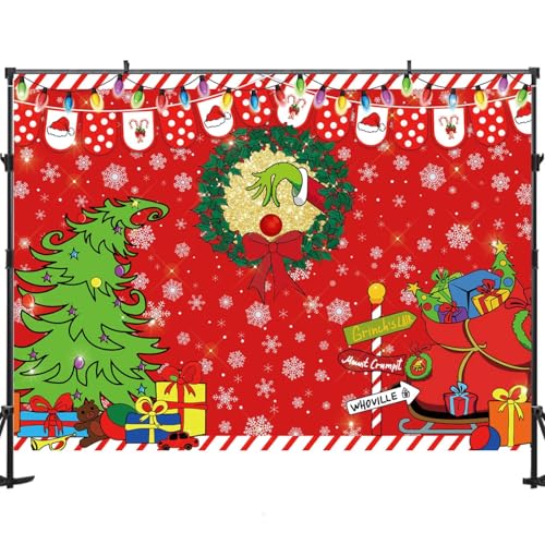 9x6ft Merry Grinchmas Backdrop Red Christmas Backdrop Xmas Tree Snow Winter Signpost Background for Christmas Family Party Photo Studio Prop - size: 9x6ft