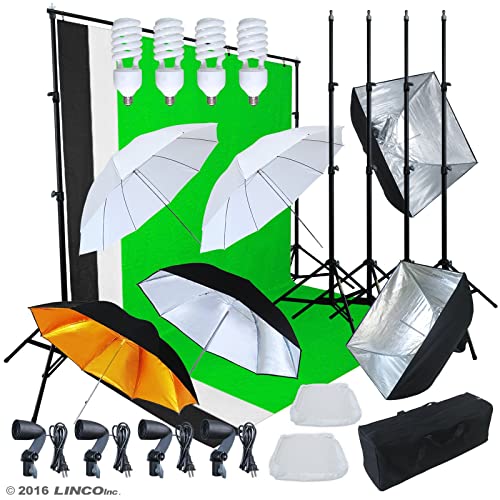 LINCO Lincostore Photo Lighting Video Studio Light Kit AM155 - Including 3 Color Backdrops (Black/Whtie/Green) Background Screen