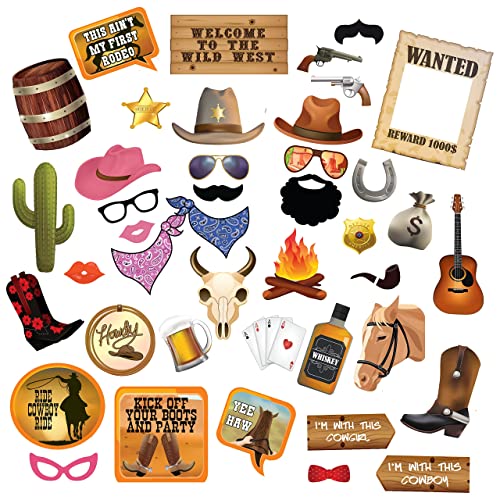Western Cowgirl & Cowboy Photo Booth Props. Wild West Party Decorations. 41 Pcs Texas Theme Props with Wanted Sign for Birthday, Cowgirl Bachelorette Party and Wedding by Scapa Pro (Multi) - color: Multi Color